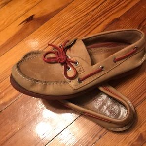 Men’s Sperry Topsiders; size 10 US; tan and red